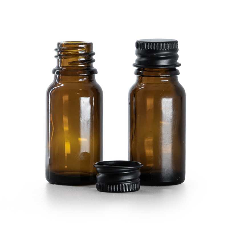 Flacone in vetro ambrato, tappo in alluminio nero, 10 ml