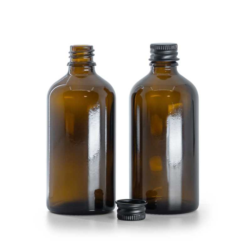 Flacone in vetro ambrato, tappo in alluminio nero, 100 ml