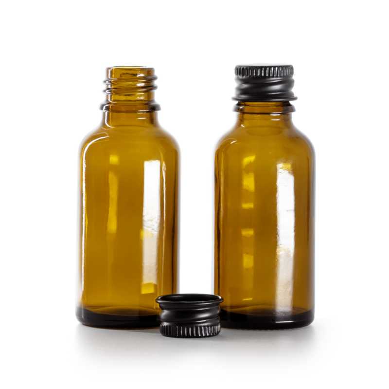Flacone in vetro ambrato, tappo in alluminio nero, 30 ml
