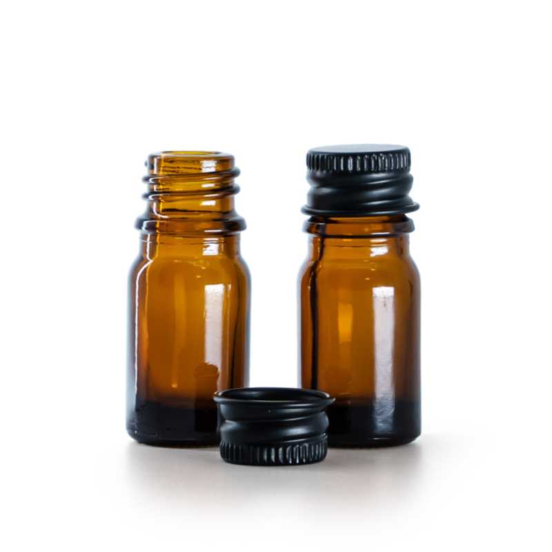 Flacone in vetro ambra, tappo in alluminio nero, 5 ml