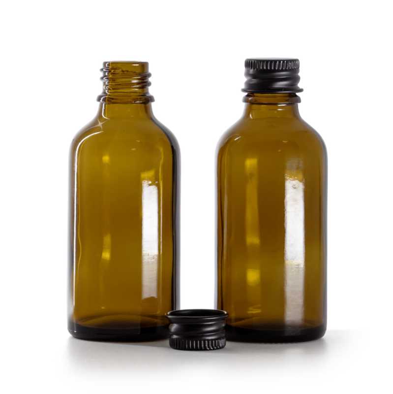 Flacone in vetro ambrato, tappo in alluminio nero, 50 ml