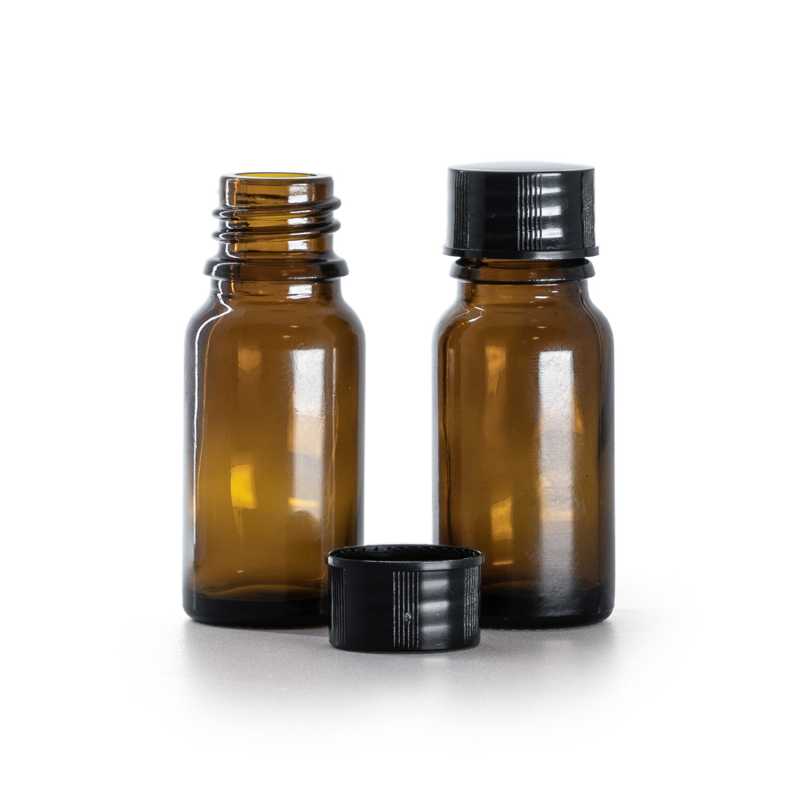 Flacone in vetro ambra, tappo nero, 10 ml