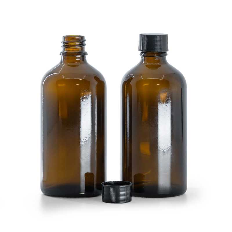 Flacone in vetro ambrato, tappo nero, 100 ml