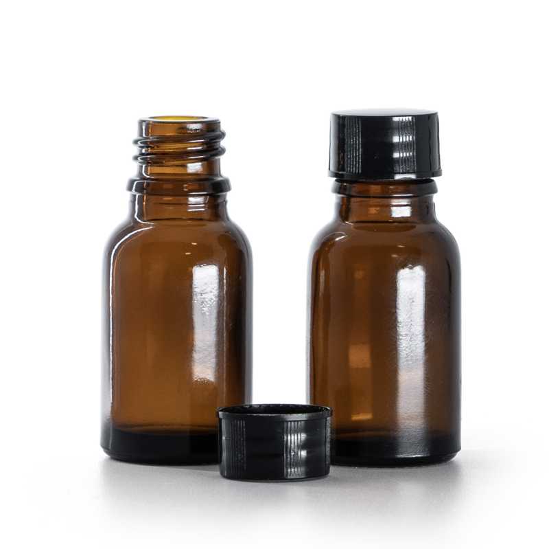 Flacone in vetro ambrato, tappo nero, 15 ml