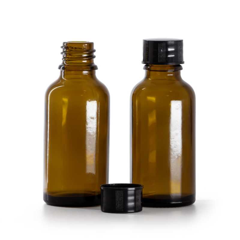 Flacone in vetro ambrato, tappo nero, 30 ml