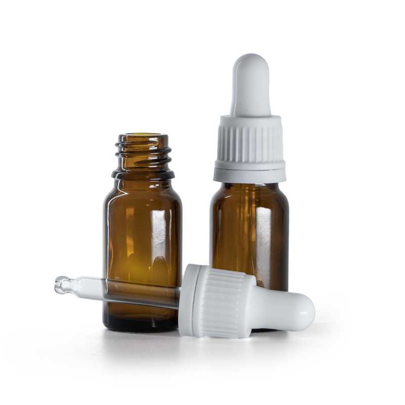 Flacone in vetro, ambra, contagocce antimanomissione bianco, 10 ml