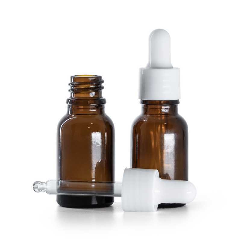 Flacone in vetro, ambra, contagocce bianco lucido, 15 ml