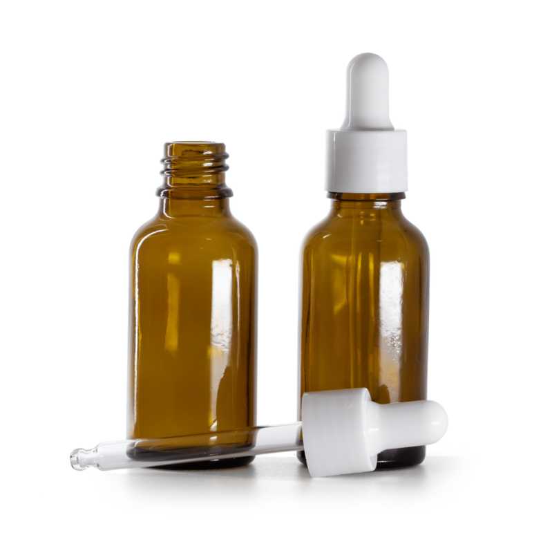 Flacone in vetro ambrato, contagocce bianco lucido, 30 ml