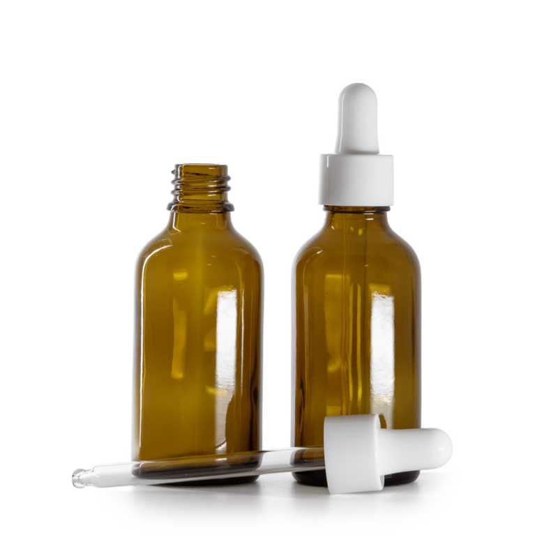 Flacone contagocce, vetro, ambrato, contagocce bianco lucido, 50 ml