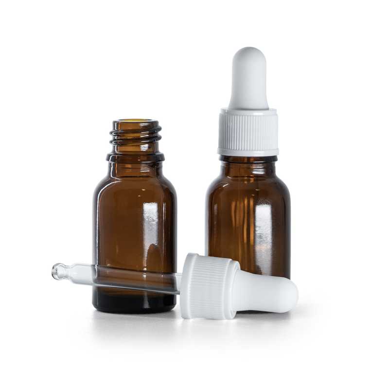 Flacone in vetro ambrato, contagocce bianco opaco, 15 ml