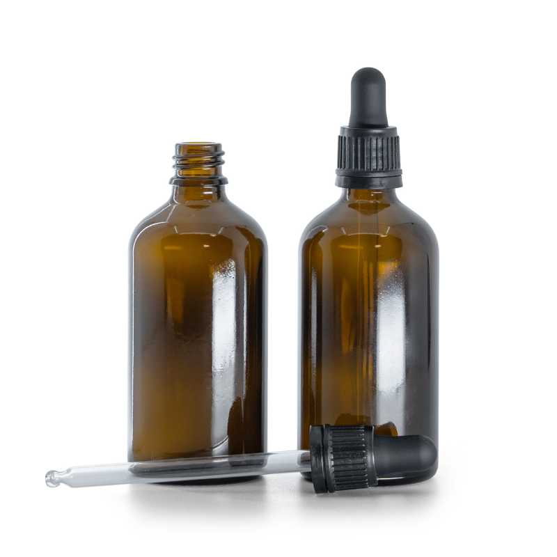 Flacone in vetro ambrato, contagocce nero antimanomissione, 100 ml