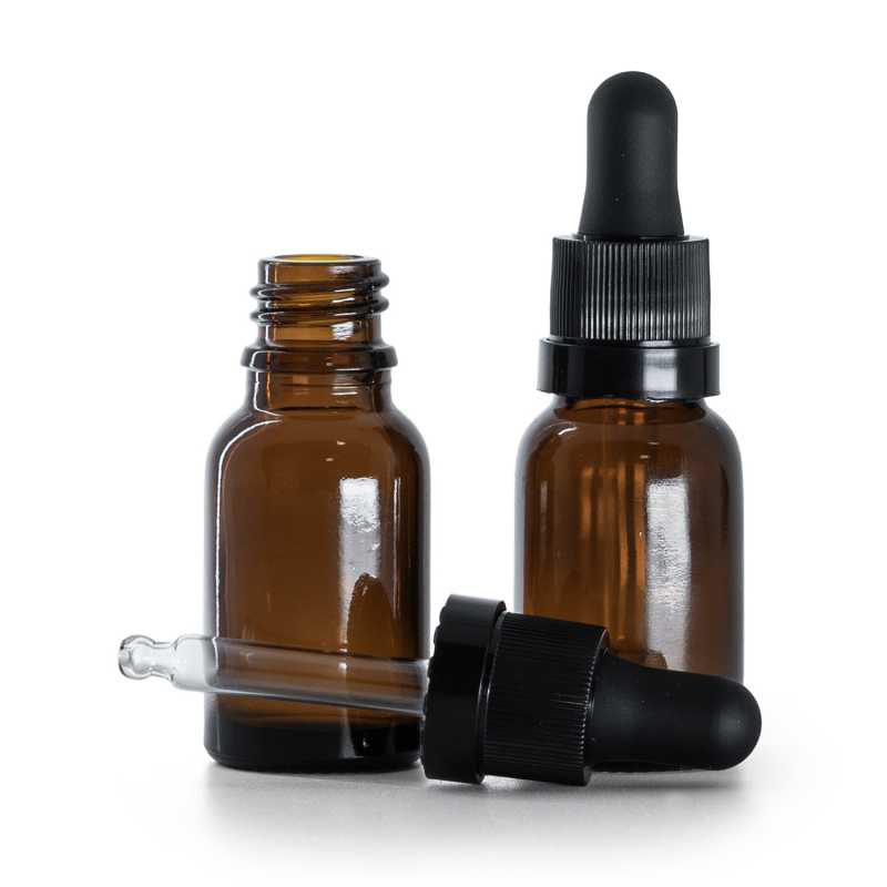 Flacone contagocce in vetro ambrato, contagocce nero opaco con fascia lucida, 15 ml