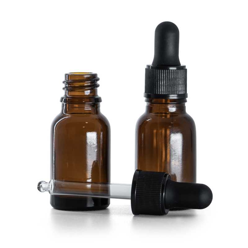 Flacone in vetro, ambra, contagocce nero opaco, 15 ml