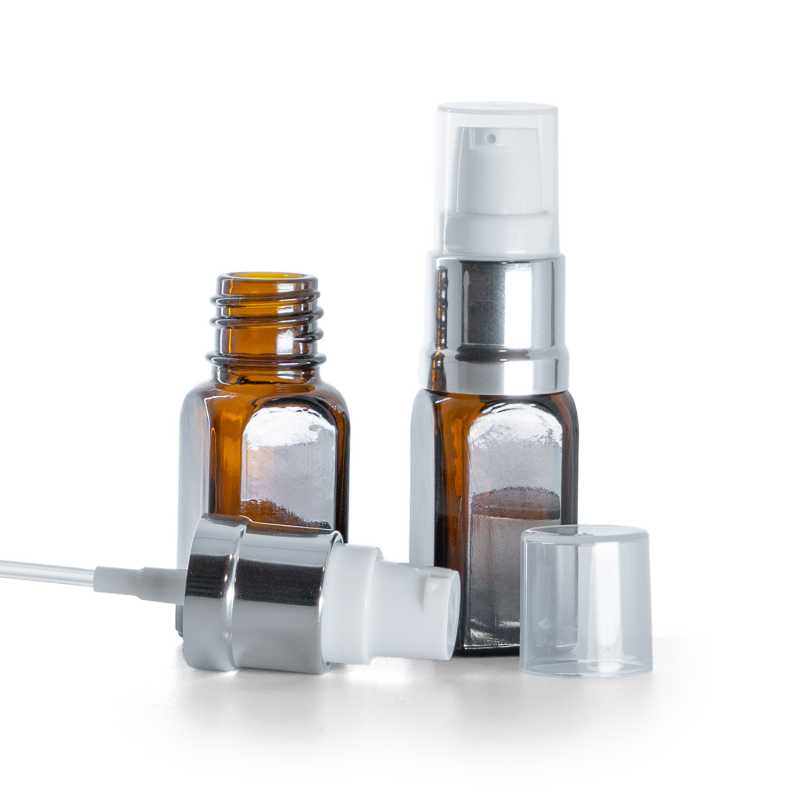 Flacone di vetro ambrato quadrato, dosatore bianco argento lucido, 10 ml