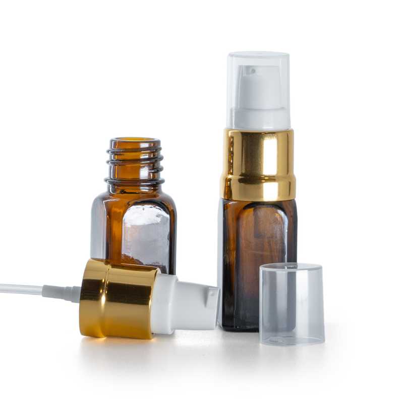 Flacone quadrato in vetro ambra, dosatore bianco oro lucido, 10 ml