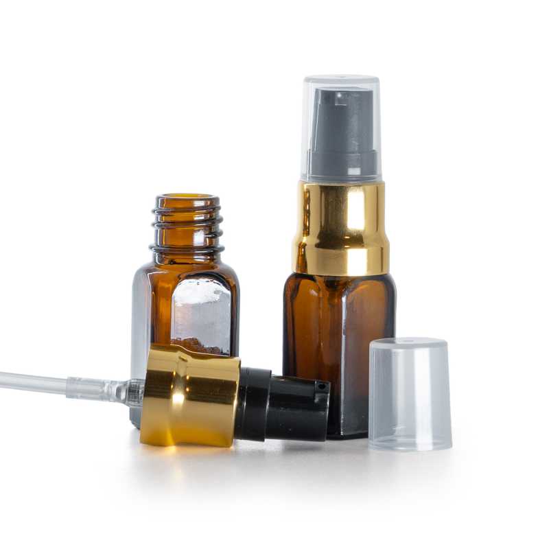 Flacone quadrato in vetro ambrato, dispenser nero e oro lucido, cappuccio trasparente, 10 ml