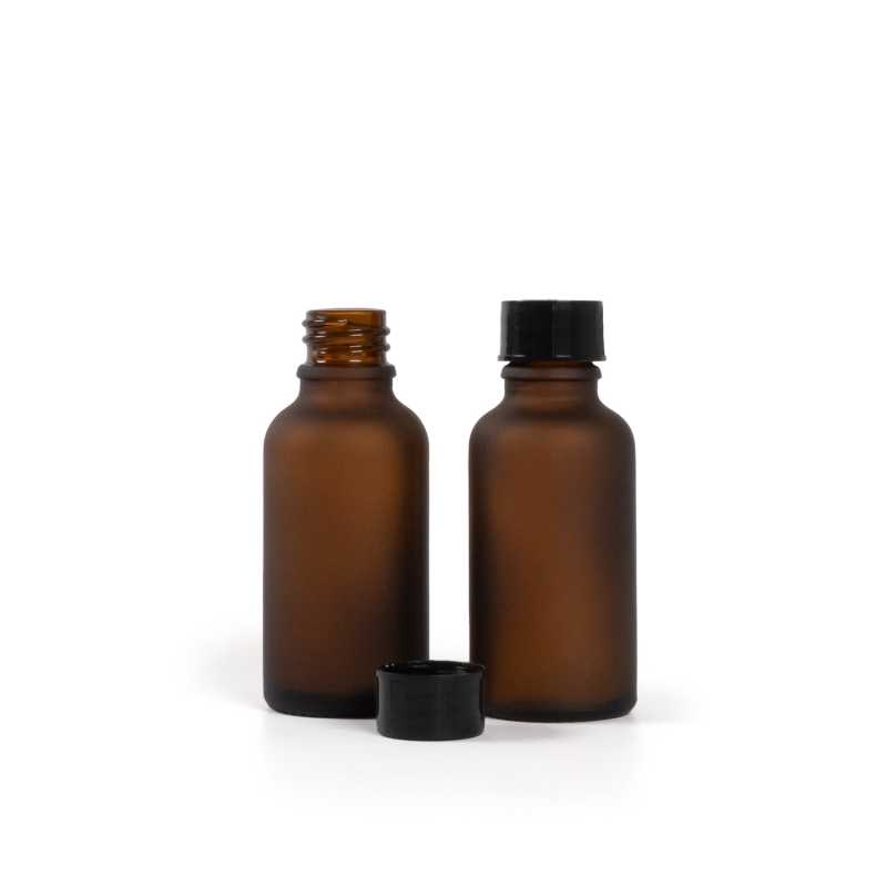 Flacone in vetro opaco, ambrato, tappo nero, 30 ml
