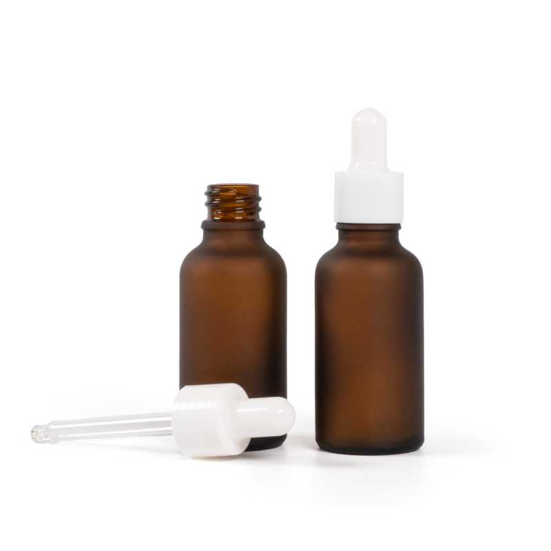 Flacone in vetro ambra opaco, contagocce bianco lucido, 30 ml