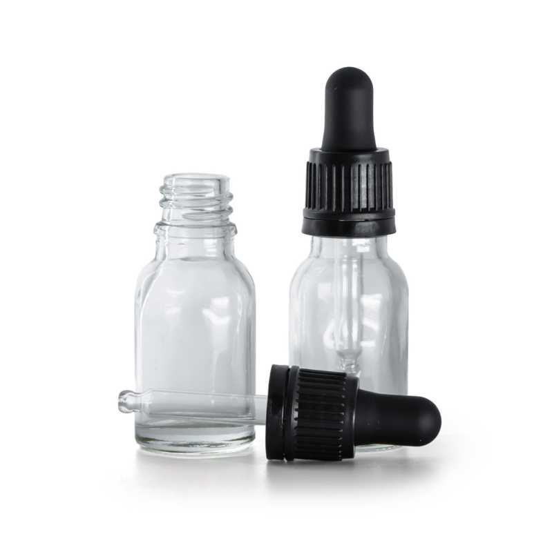 Flacone di vetro, trasparente, contagocce nero, 15 ml