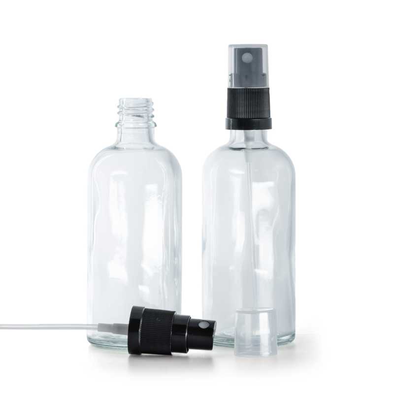 Flacone in vetro, trasparente, spruzzatore nero, 100 ml