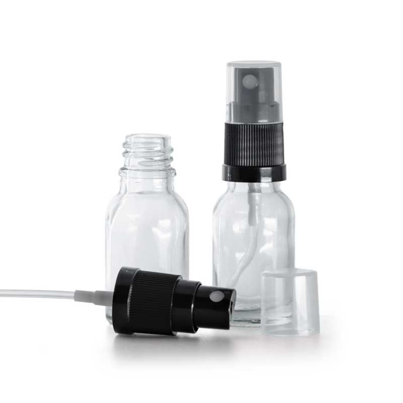 Bottiglia in vetro, trasparente, spruzzatore nero, 15 ml