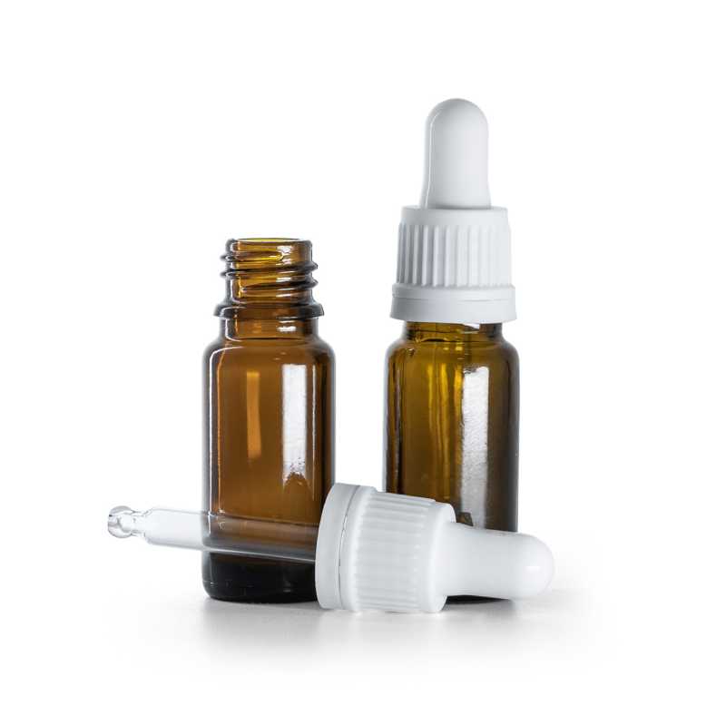 Flacone contagocce in vetro ambrato, tipo B slim, contagocce bianco, 10 ml