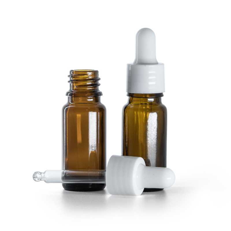 Flacone in vetro ambrato, tipo B, alto, contagocce bianco lucido, 10 ml