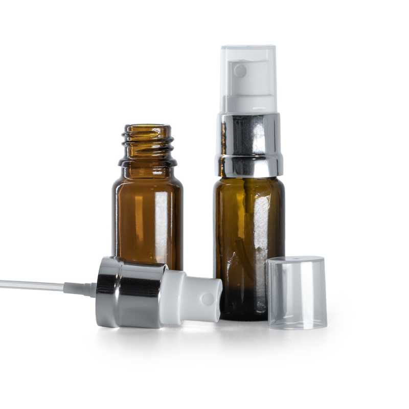 Flacone in vetro ambrato, tipo B, slanciato, spruzzatore bianco argento, 10 ml