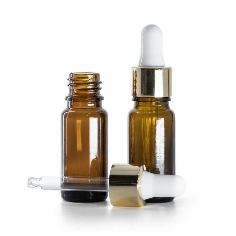 Flacone in vetro ambrato, tipo B, alto, pipetta bianca oro, 10 ml