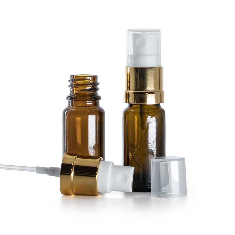 Flacone in vetro ambrato, tipo B, alto, spruzzatore bianco oro, 10 ml