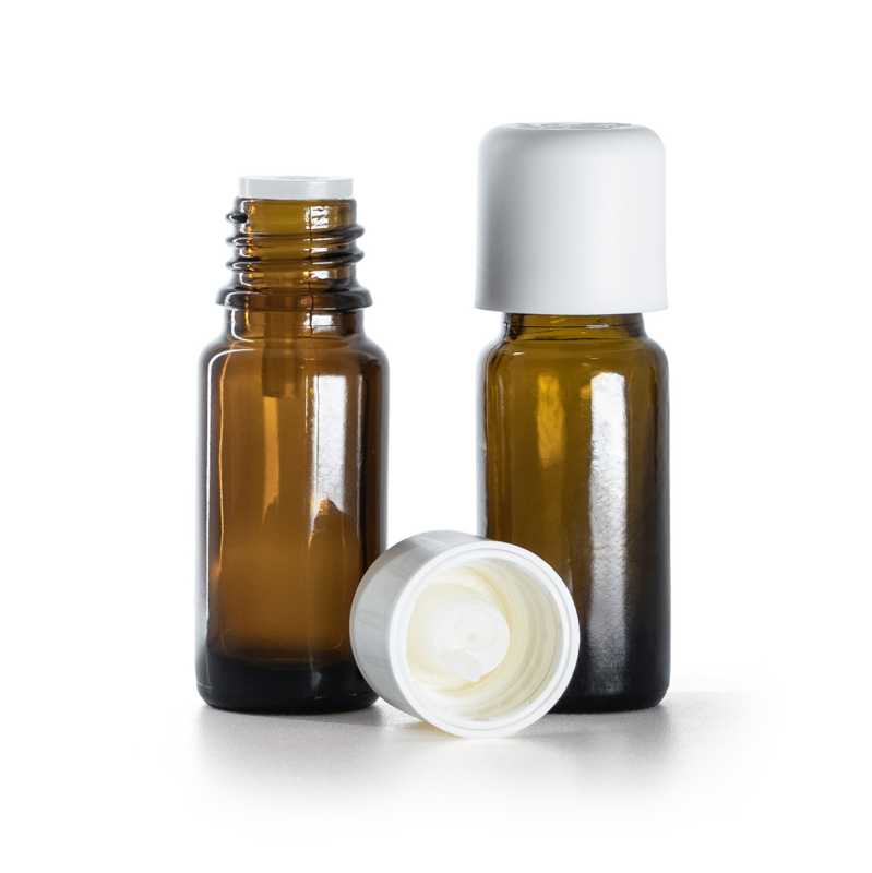 Flacone in vetro ambra tipo B, alto, anello bianco con contagocce di sicurezza, 10 ml