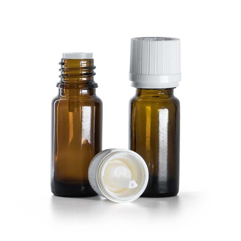 Flacone in vetro ambrato tipo B, alto, tappo di sicurezza zigrinato bianco con sigillo e contagocce, 10 ml