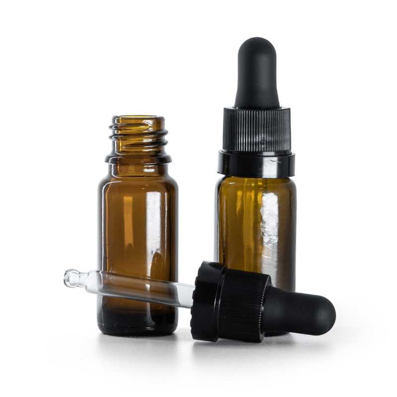 Flacone in vetro ambrato, tipo B, alto, contagocce nero opaco con anello lucido, 10 ml