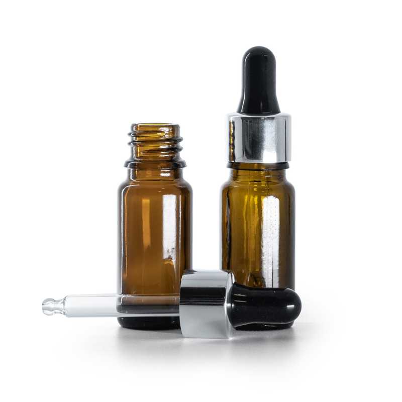 Flacone contagocce, vetro ambra, tipo B, alto, contagocce nero argento lucido, 10 ml