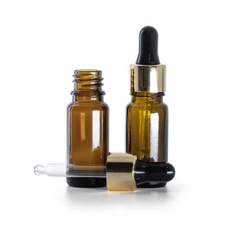 Flacone in vetro ambra, tipo B, alto, contagocce nero oro, 10 ml