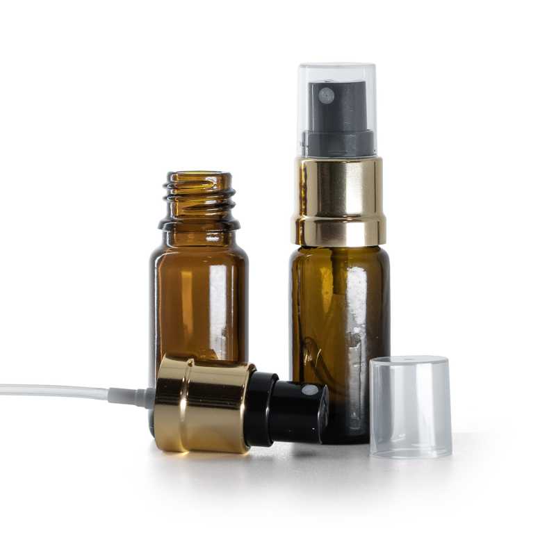 Bottiglia in vetro ambrato, tipo B, alta, spruzzatore nero oro, 10 ml