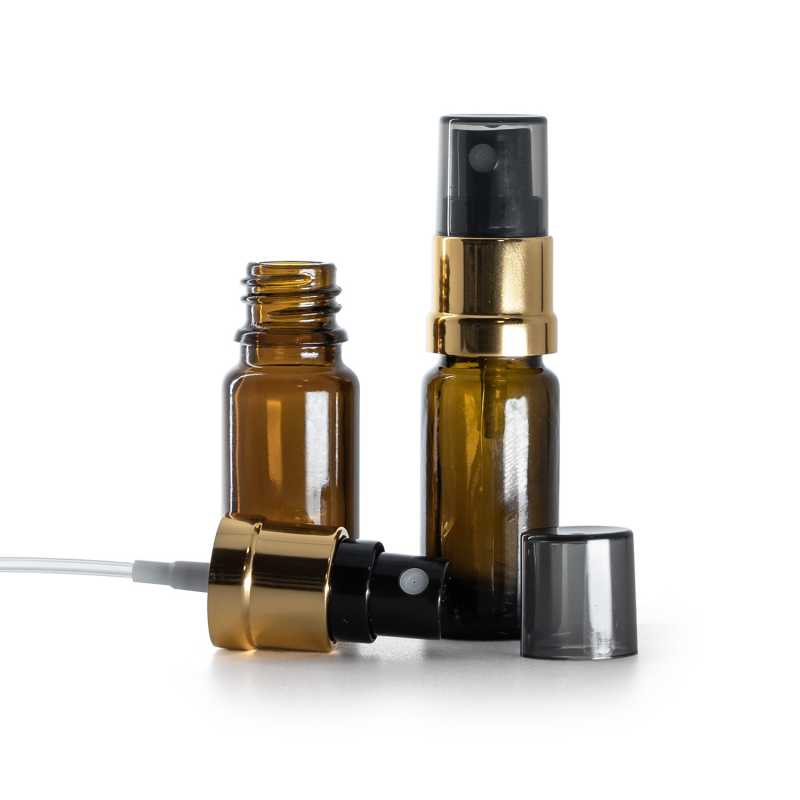 Flaconcino di vetro, tipo B, alto, spruzzatore nero e dorato, sopra-tappo fumé, 10 ml