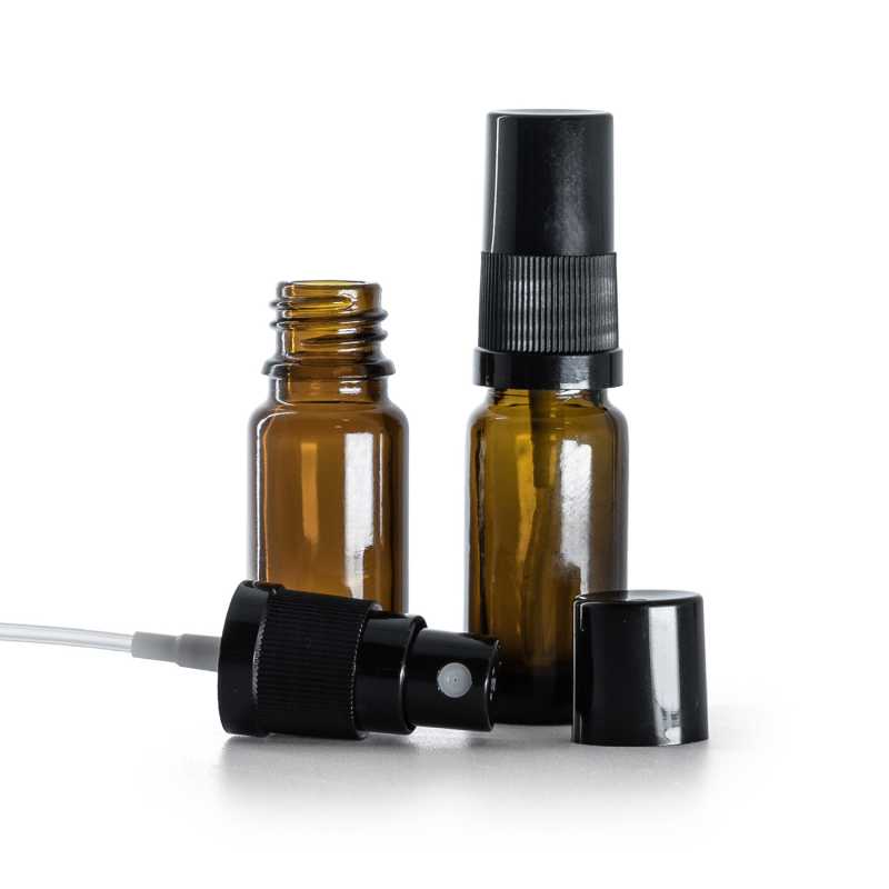 Bottiglia in vetro ambrato tipo B, alta, spruzzatore nero, sovratappo nero, 10 ml