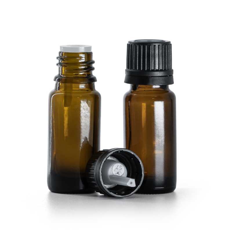 Flaconcino di vetro slim, tipo B, ambra, tappo nero con contagocce interno, 10 ml