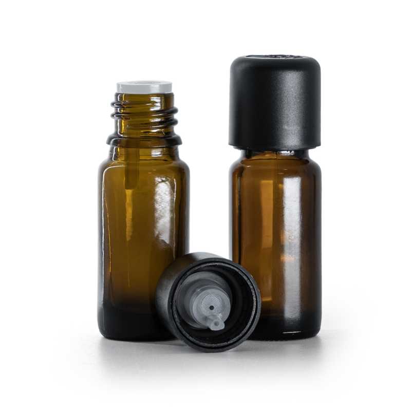 Flacone in vetro ambrato, tipo B, alto, tappo di sicurezza antimanomissione nero con contagocce, 10 ml