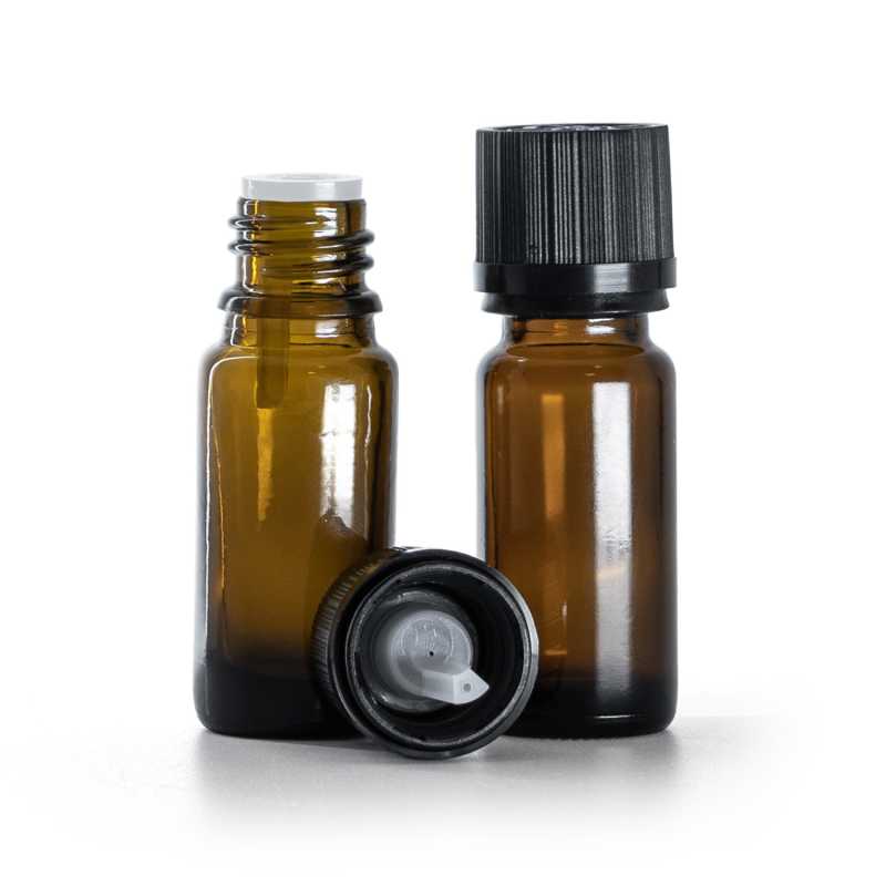 Flacone in vetro ambrato, tipo B, alto, tappo di sicurezza nero con contagocce, 10 ml