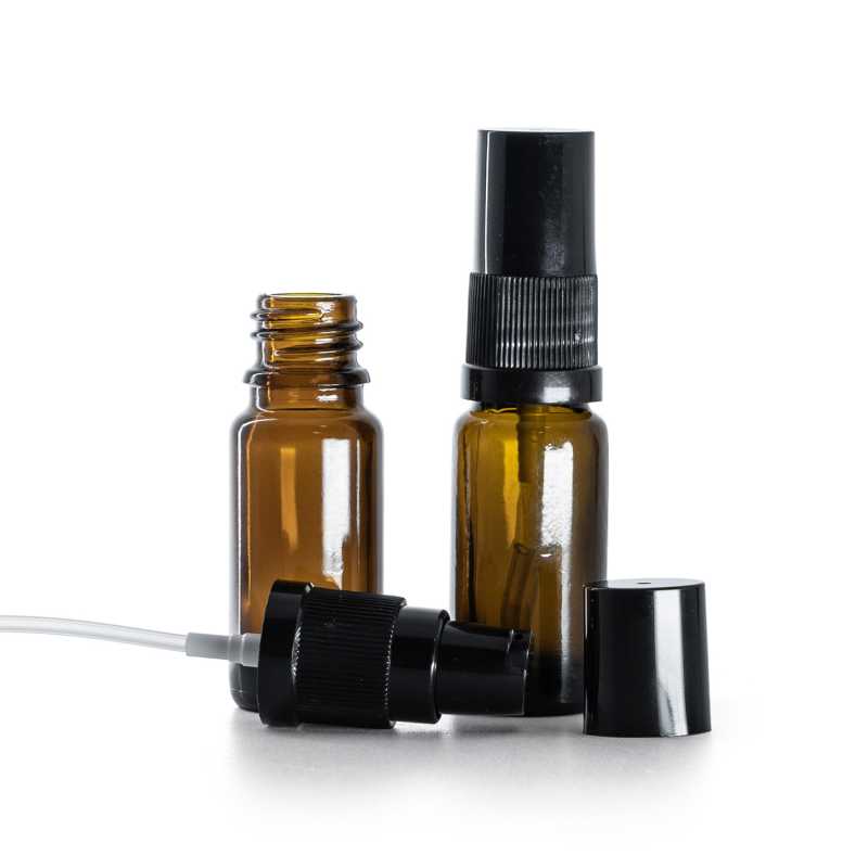 Flacone in vetro ambrato tipo B, alto, lozione con dosatore nero con sovratappo nero, 10 ml