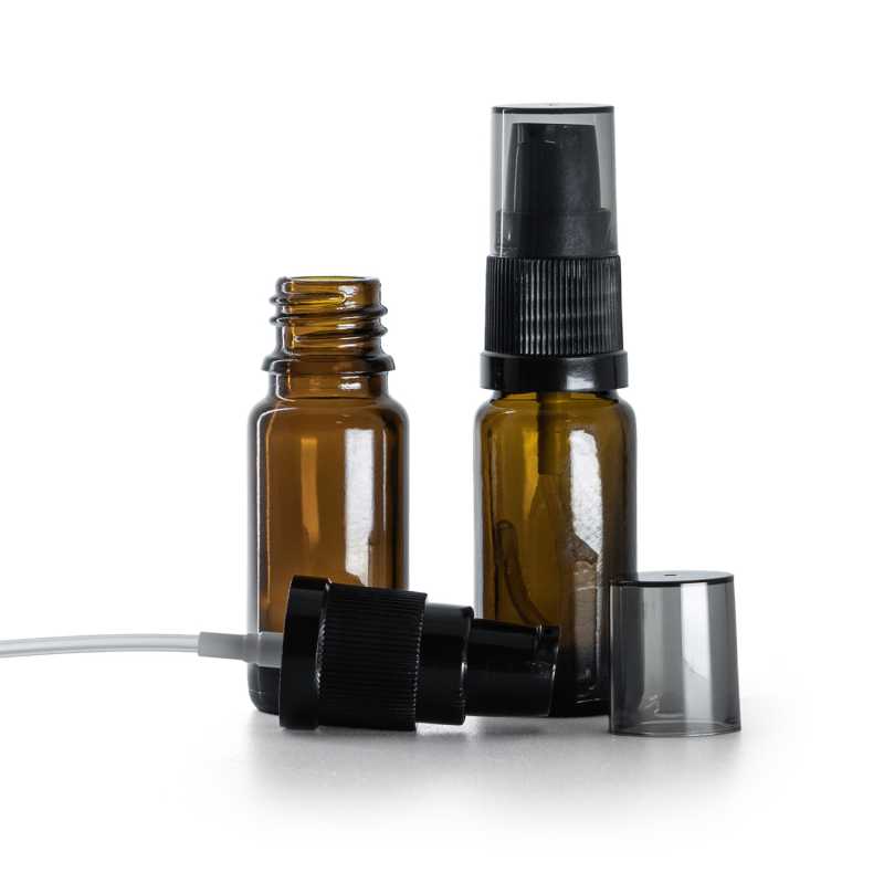 Flaconcino di vetro ambra, tipo B, slanciato, pompa lozione nera con sopra-tappo fumé, 10 ml