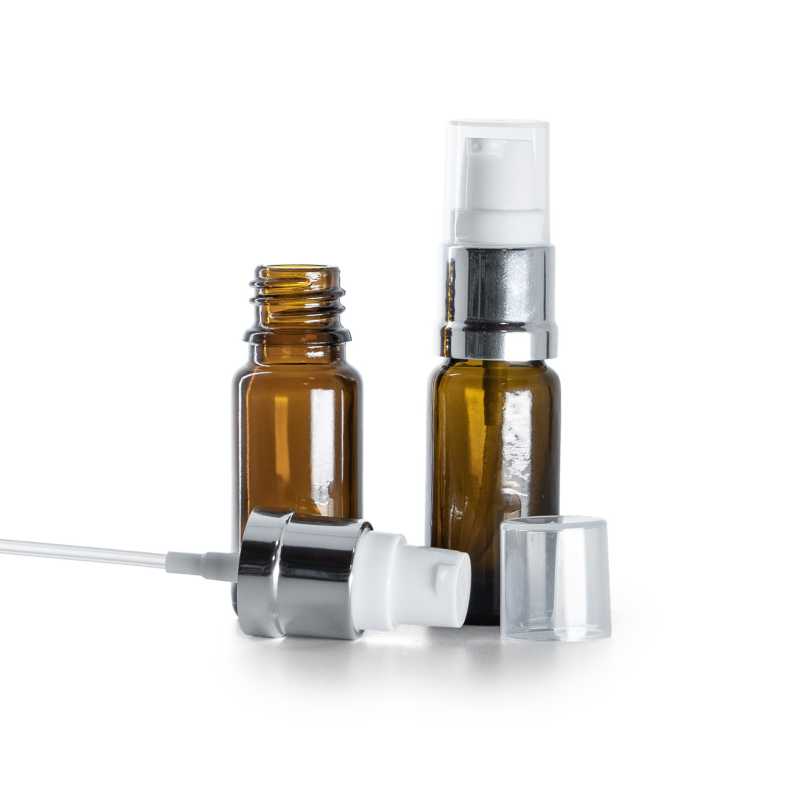 Flacone in vetro ambra, tipo B, sottile, dosatore bianco argento lucido, 10 ml