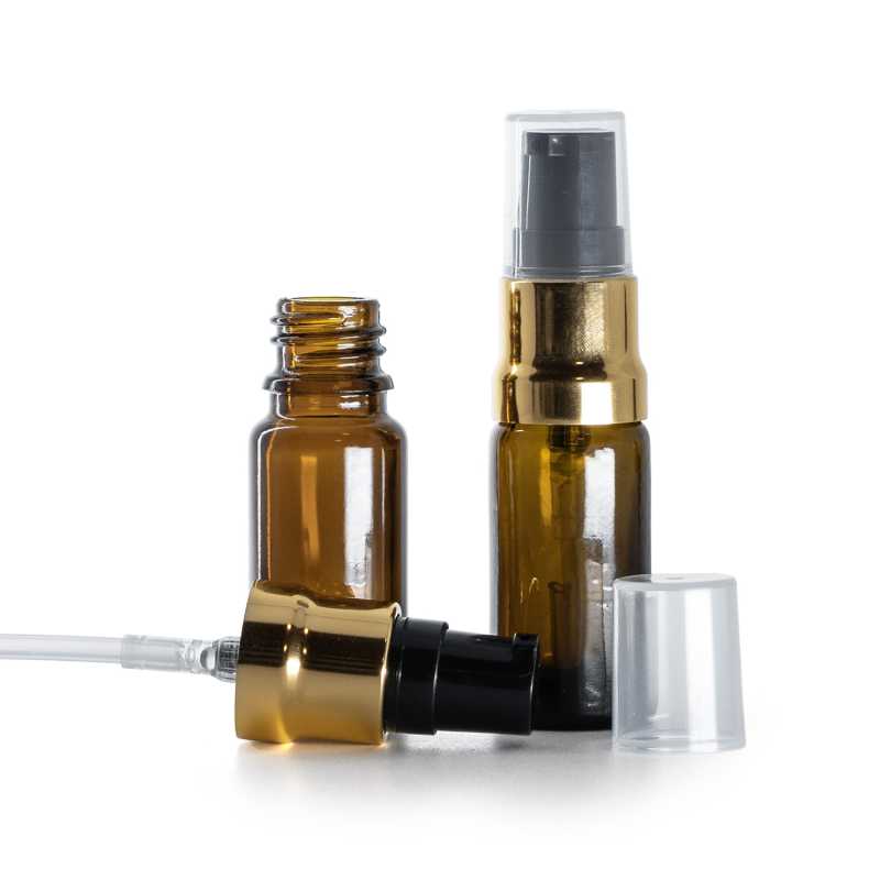 Flacone in vetro, tipo B, ambra, dispenser nero oro lucido con sovratappo trasparente, 10 ml