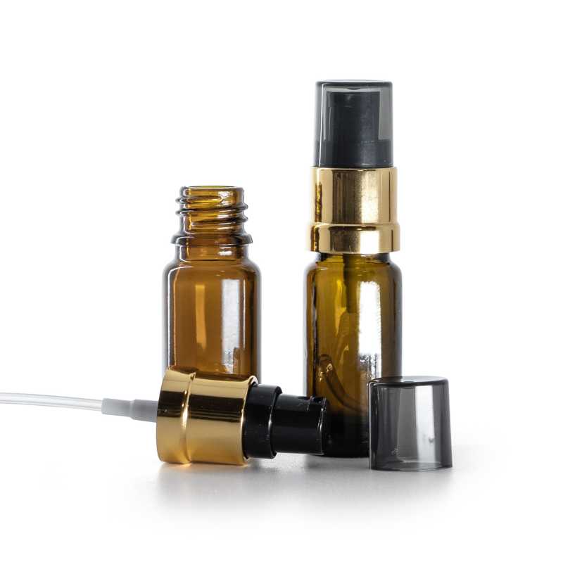 Flacone di vetro ambra tipo B, sottile, pompa nero‑oro lucida con sopra‑tappo fumé, 10 ml