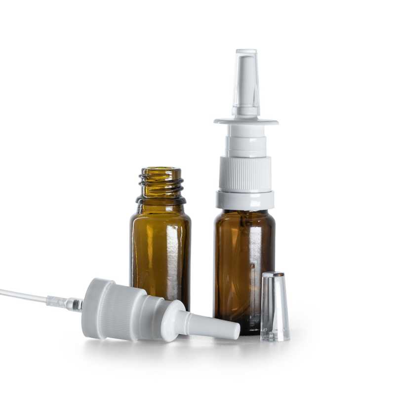 Flacone in vetro ambrato, tipo B, alto, spruzzatore nasale bianco, 10 ml