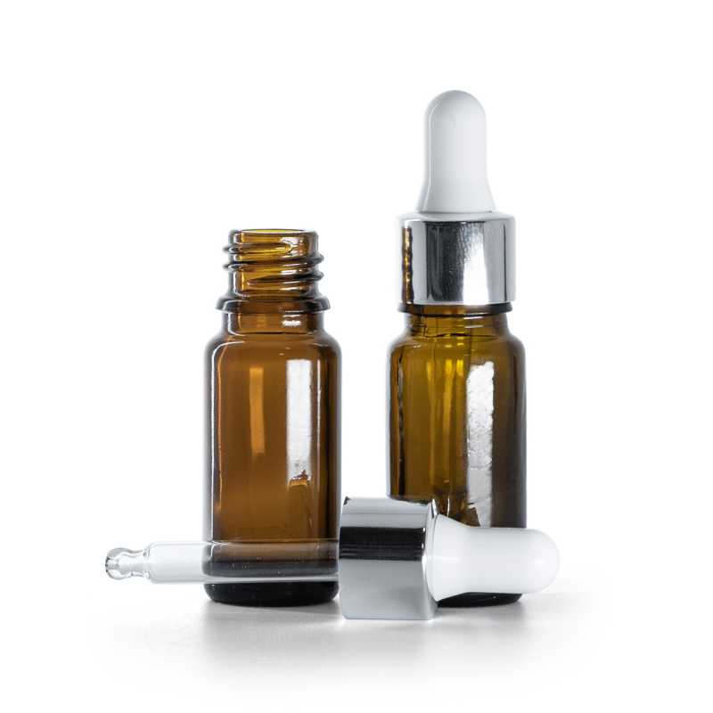 Flacone in vetro ambrato, tipo B, alto, contagocce bianco argento lucido, 10 ml