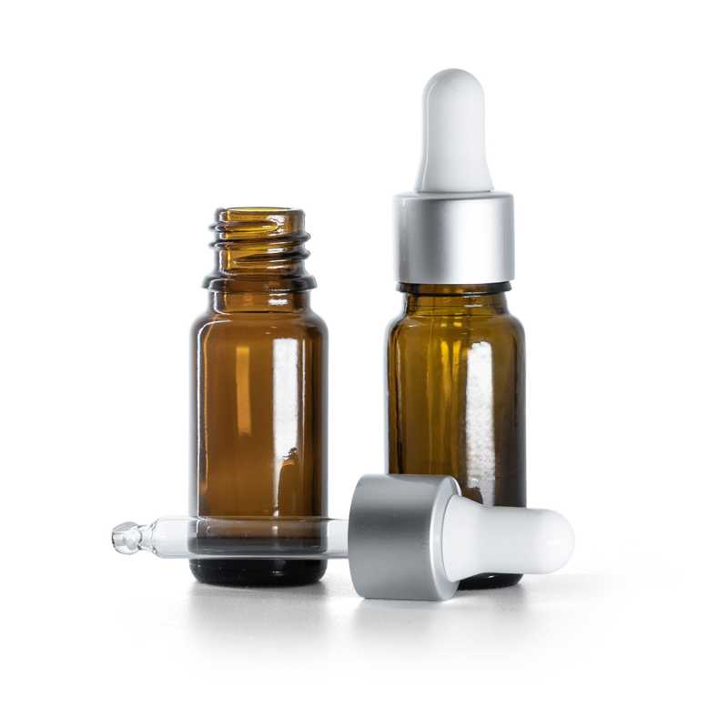 Flacone in vetro ambrato, tipo B, alto, contagocce bianco argento opaco, 10 ml
