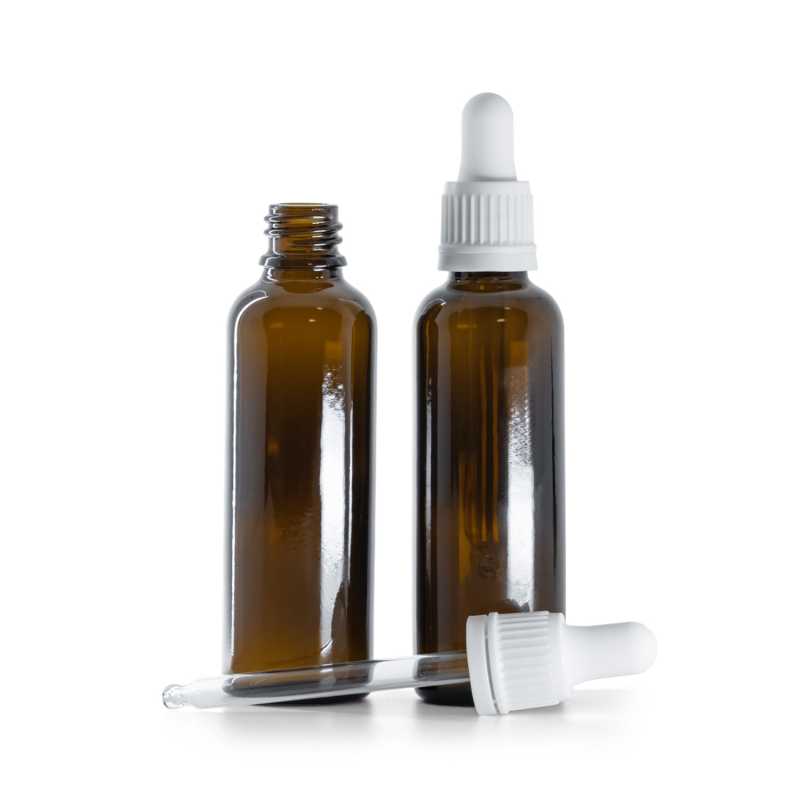 Flacone in vetro ambrato, alto, contagocce bianco, 50 ml